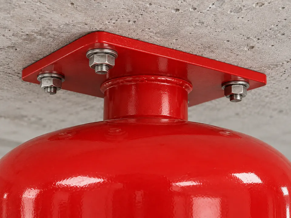 Beton tavan altına dört bağlantıyla sabitlenmiş kırmızı plaka ve tavan tipi cihazın üst boyun bağlantısının temsilî yakın görünüşü.