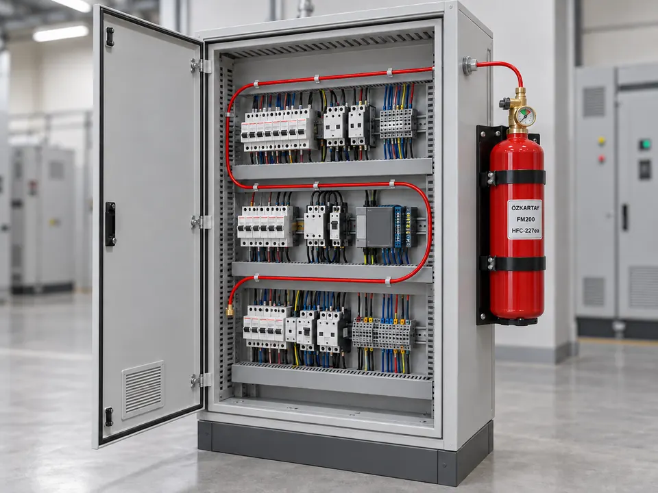 Açık elektrik panosunun ekipman sıralarını dolaşan, kapalı uçlu kırmızı algılama hattı ve dış yüzeye dikey sabitlenmiş kırmızı söndürme silindiri.