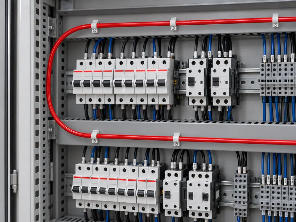 Elektrik ekipmanının üstünden geniş bir dönüşle geçen ve klipslerle tutulan kırmızı algılama hortumunun temsilî detayı.
