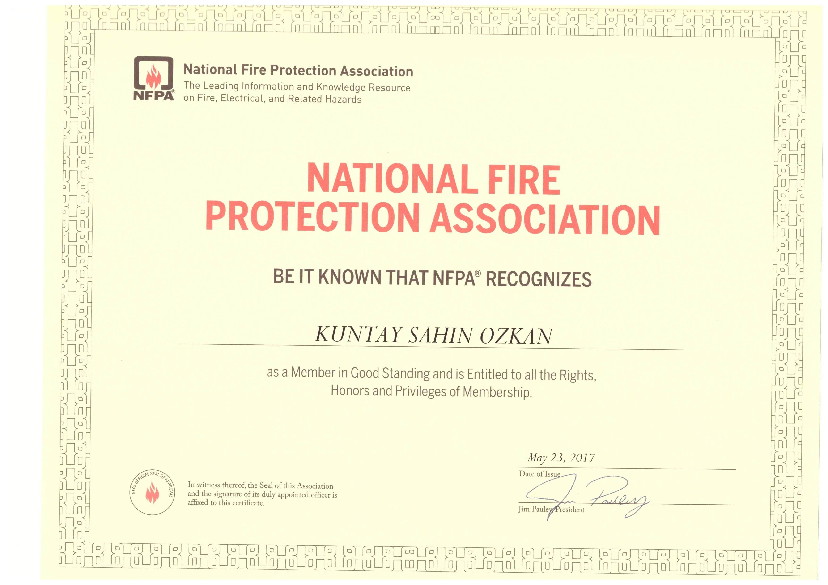 Kuntay Şahin Özkan NFPA üyelik sertifikası önizlemesi