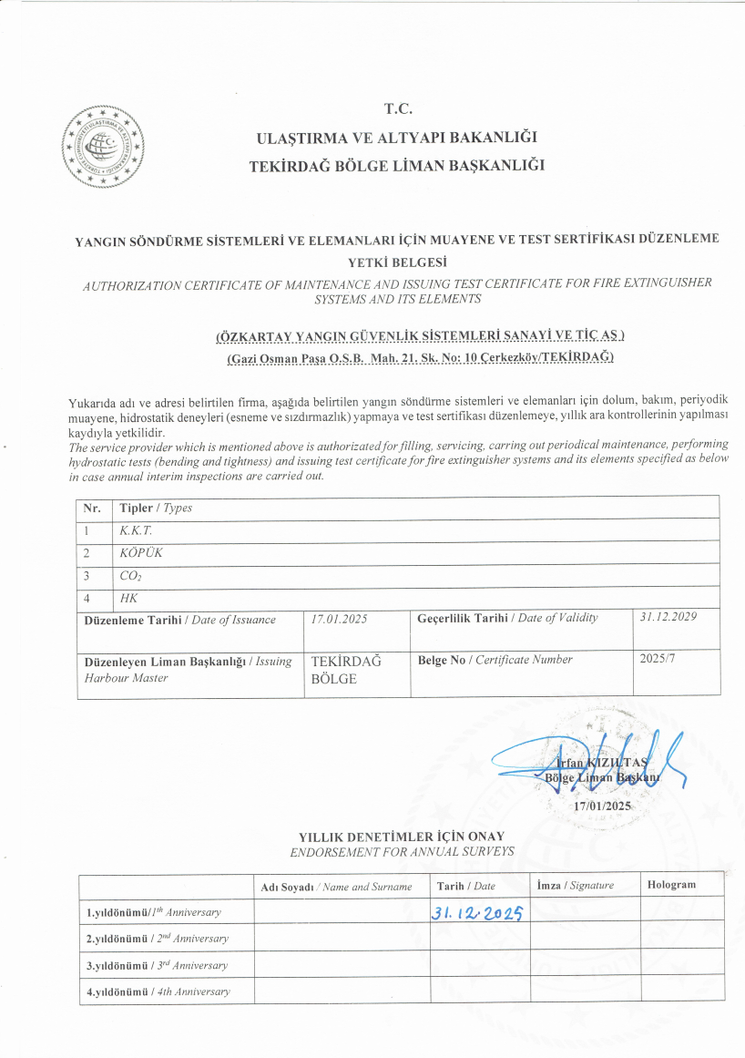 Tekirdağ Bölge Liman Başkanlığı yetki belgesi önizlemesi