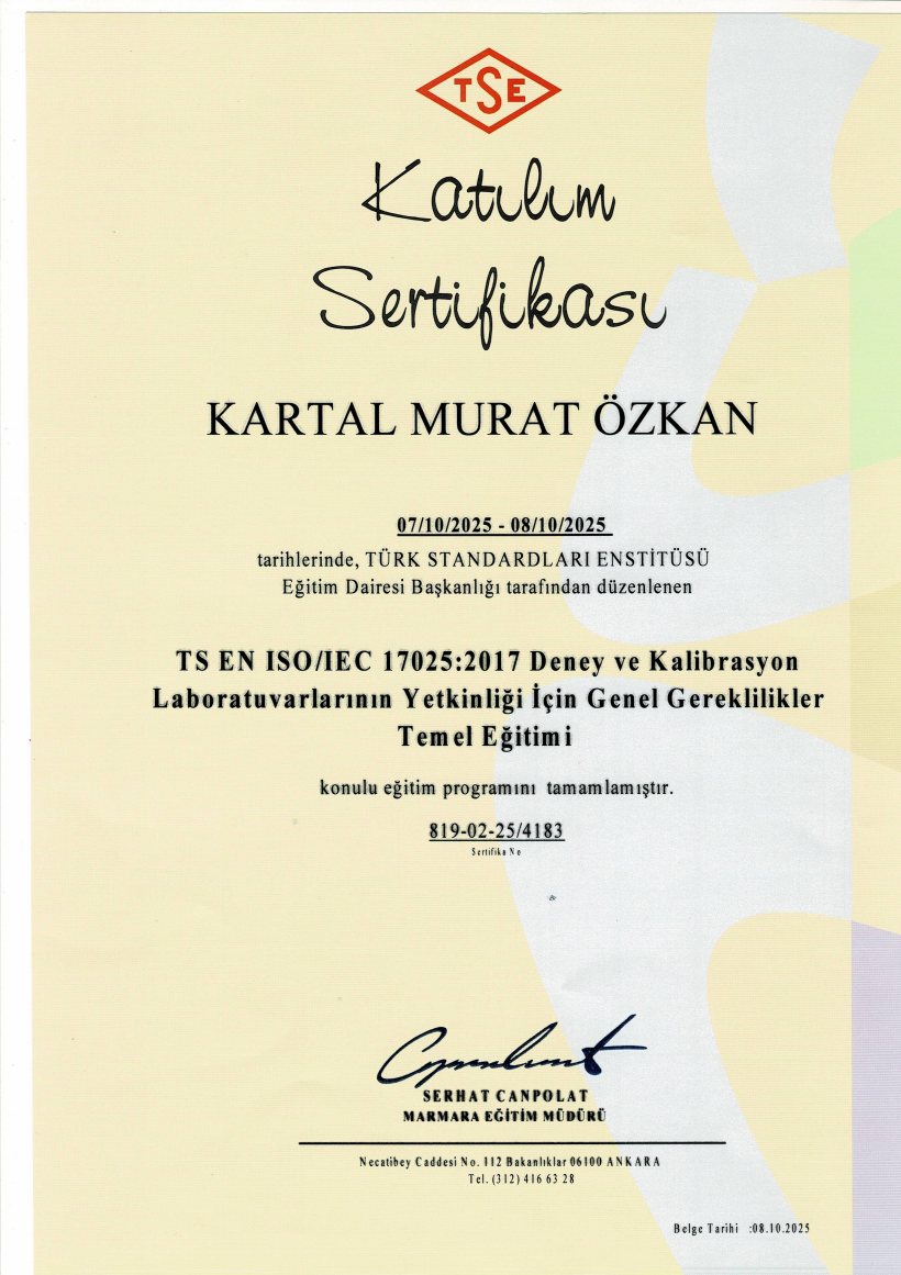 TS EN ISO/IEC 17025:2017 eğitim katılım sertifikası önizlemesi